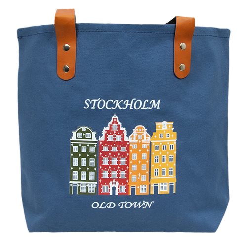 Tygväska, Blå, Stockholm, Old town, blå, läderrem 41*31 cm